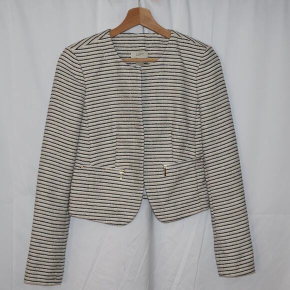 Loft Cream Jacket Black White Stripes Size XS Faux Zip Pockets Cropped - Picture 1 of 9